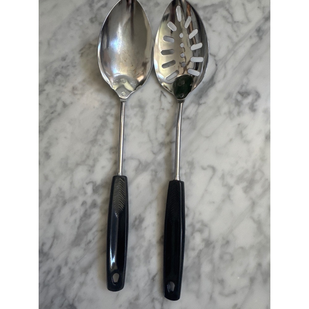 Vintage Foley USA Chrome Plated Serving Spoon Set Black Handle Slotted Solid MCM